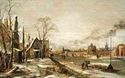 A Village Scene in Winter with a Frozen River